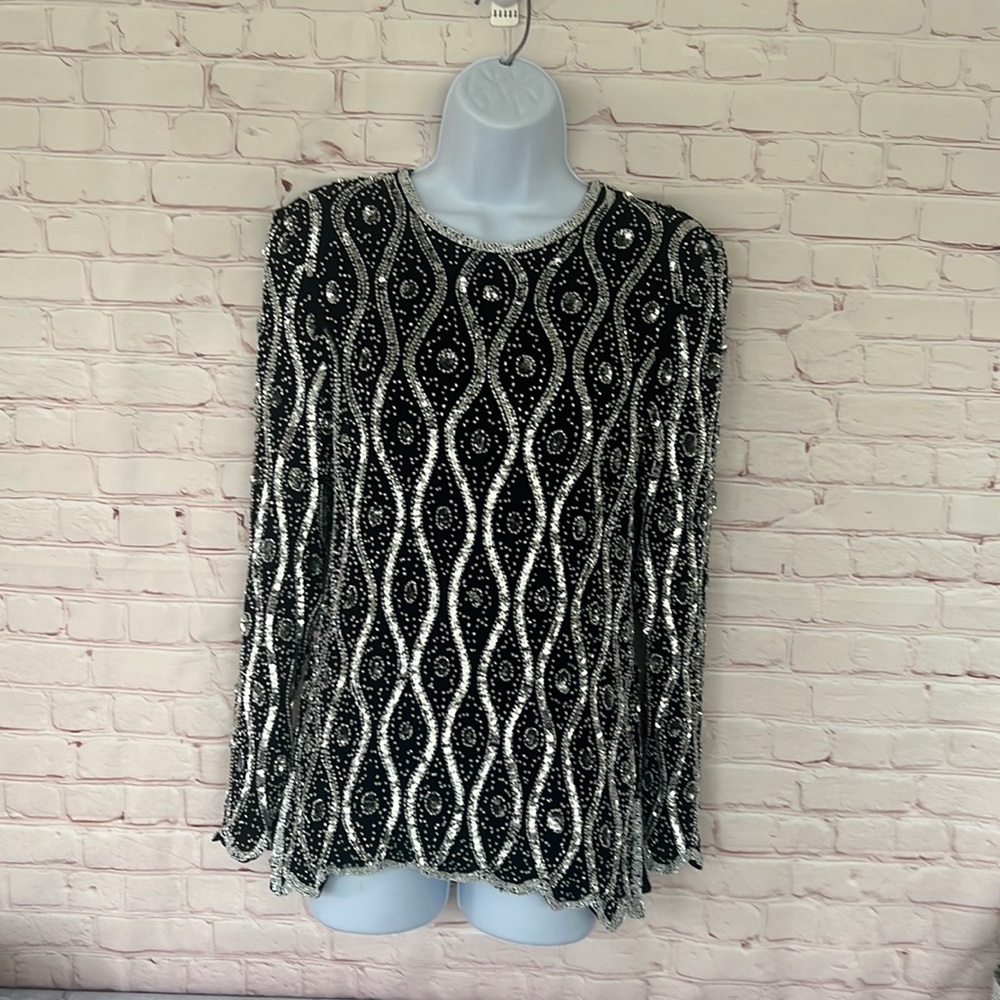 Jewel Queen pure Silk beaded top size large